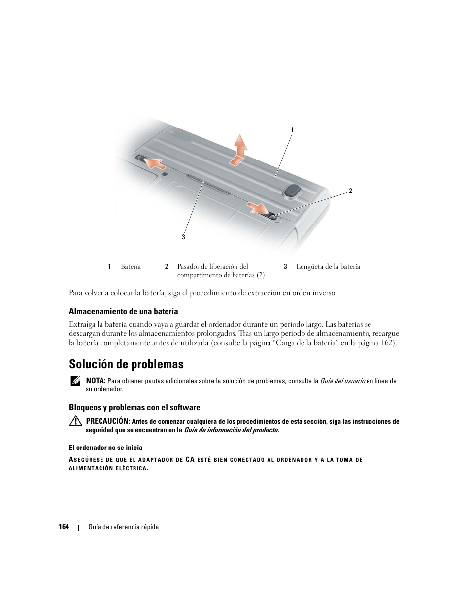 Almacenamiento de una batería, Solución de problemas, Bloqueos y problemas con el software | Dell Latitude D620 ATG User Manual | Page 164 / 172