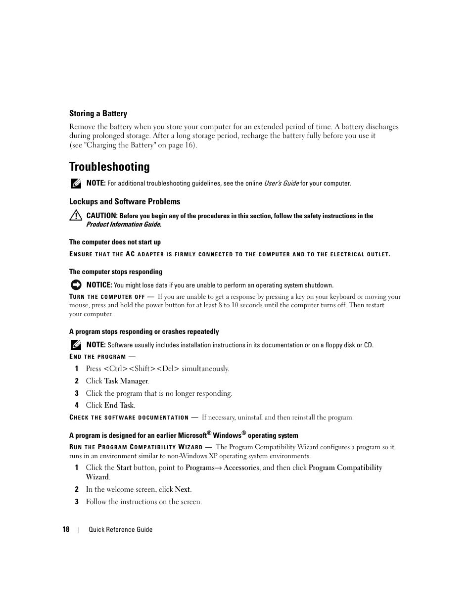 Storing a battery, Troubleshooting, Lockups and software problems | Dell Latitude D620 ATG User Manual | Page 18 / 172