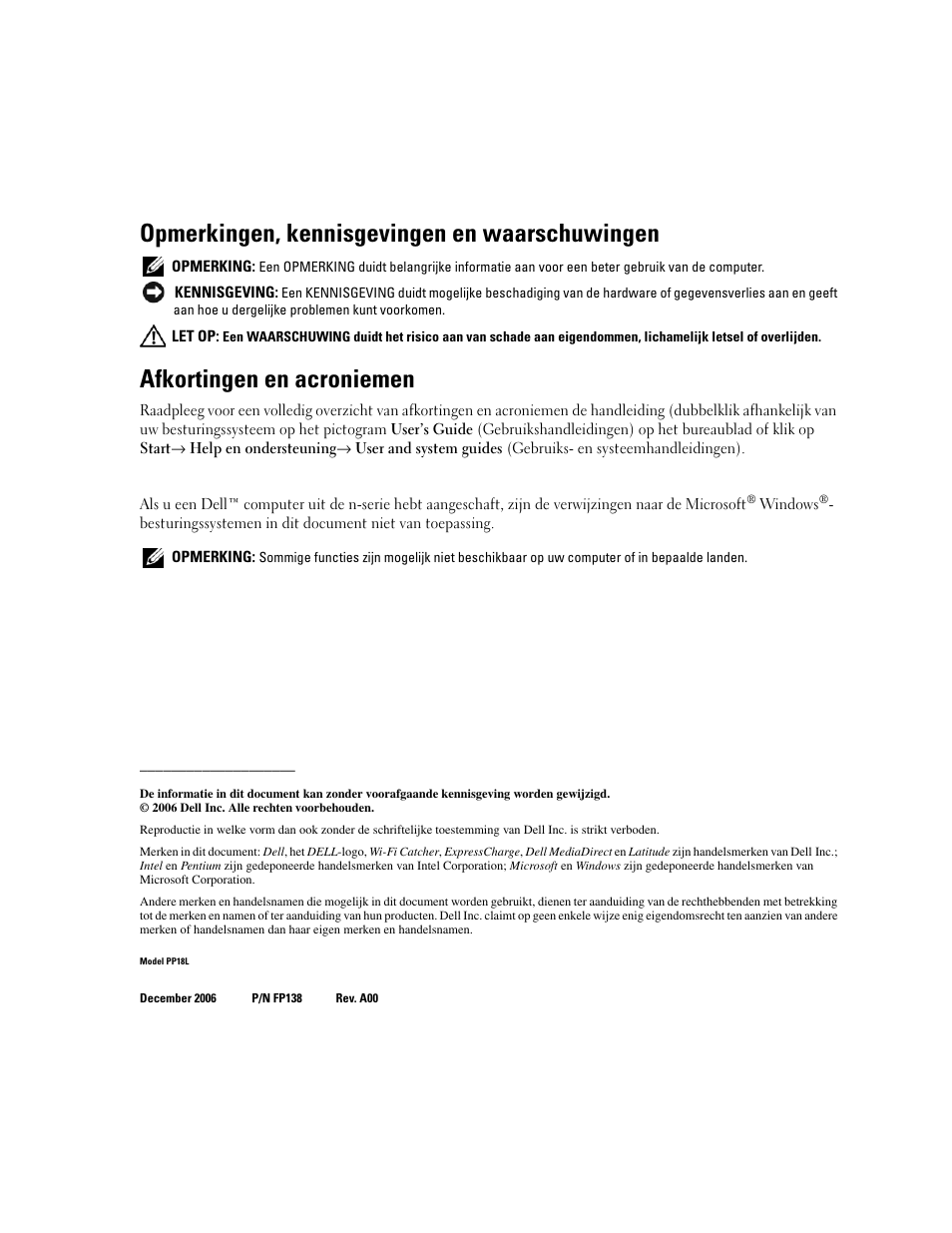 Opmerkingen, kennisgevingen en waarschuwingen, Afkortingen en acroniemen | Dell Latitude D620 ATG User Manual | Page 26 / 172