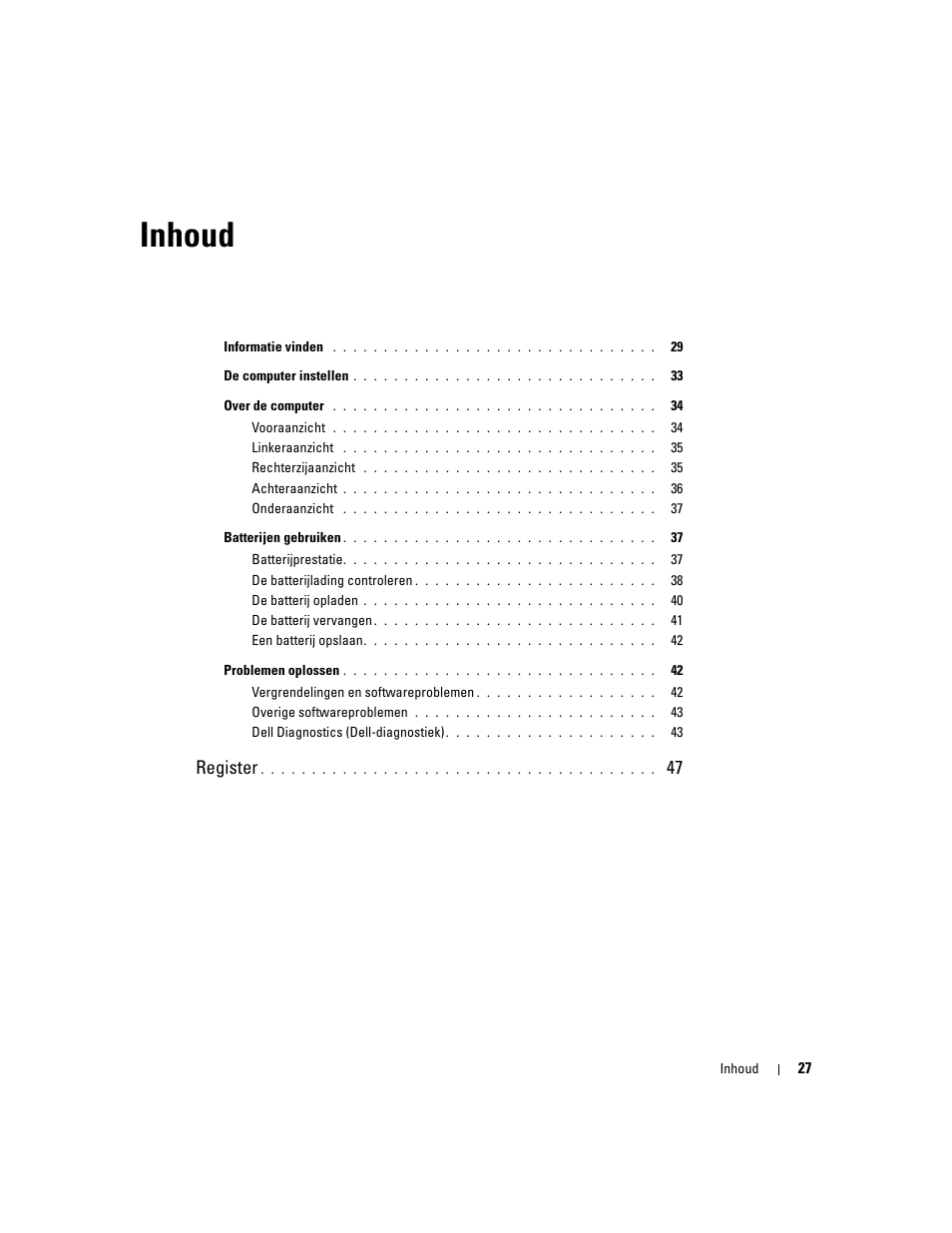 Inhoud, Register | Dell Latitude D620 ATG User Manual | Page 27 / 172