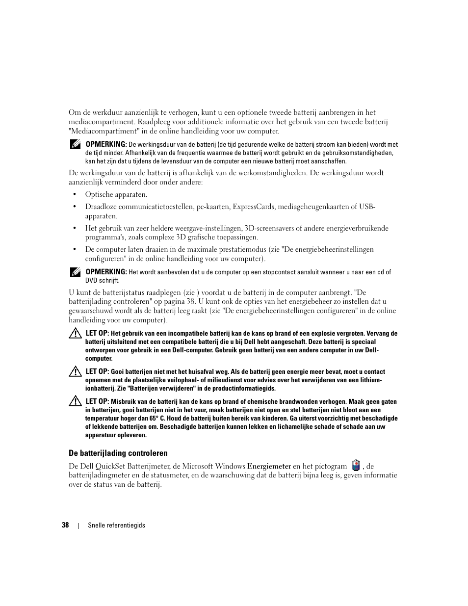 De batterijlading controleren | Dell Latitude D620 ATG User Manual | Page 38 / 172