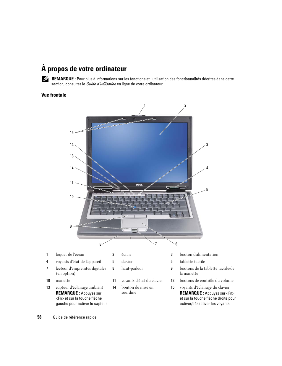 À propos de votre ordinateur, Vue frontale | Dell Latitude D620 ATG User Manual | Page 58 / 172