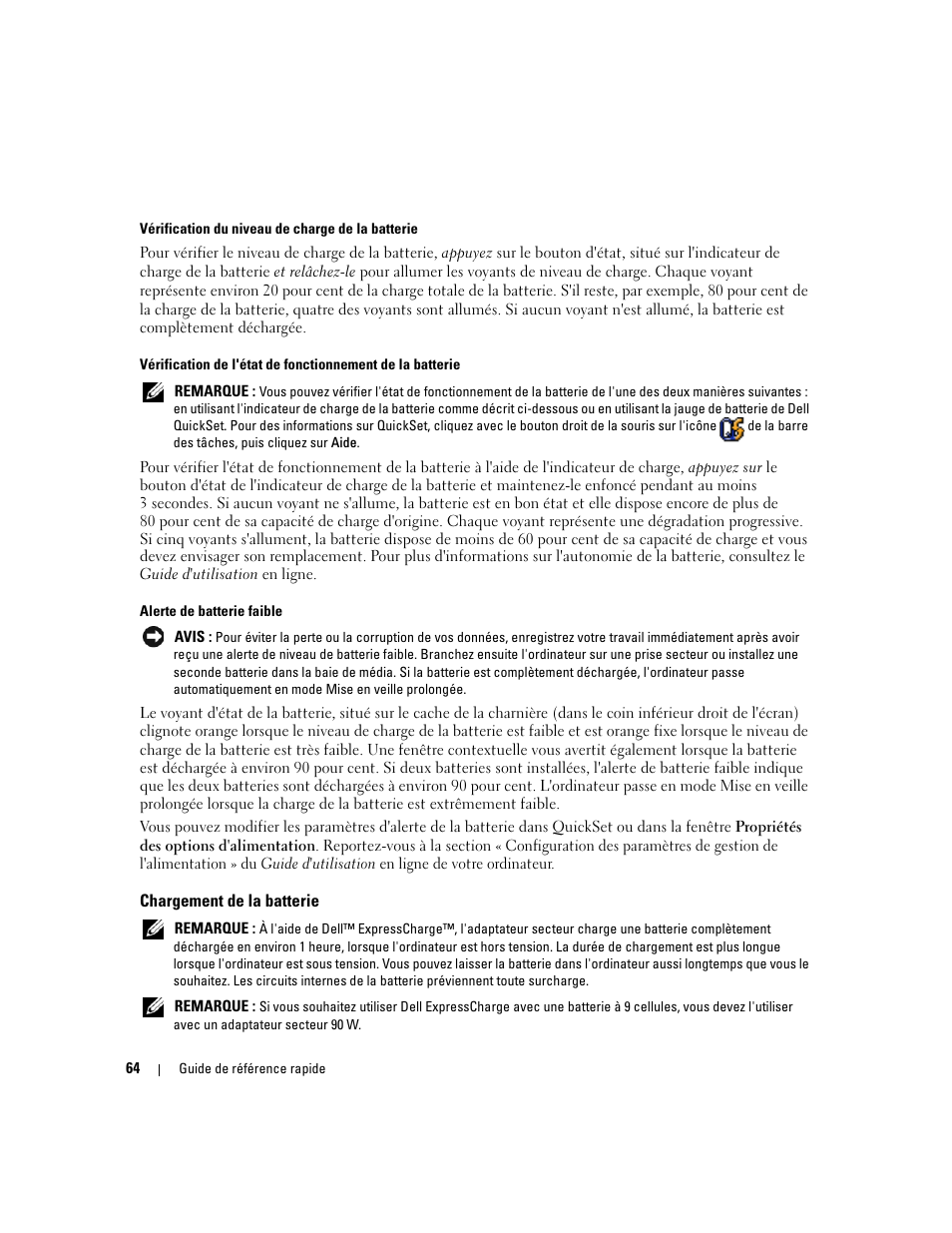 Chargement de la batterie | Dell Latitude D620 ATG User Manual | Page 64 / 172
