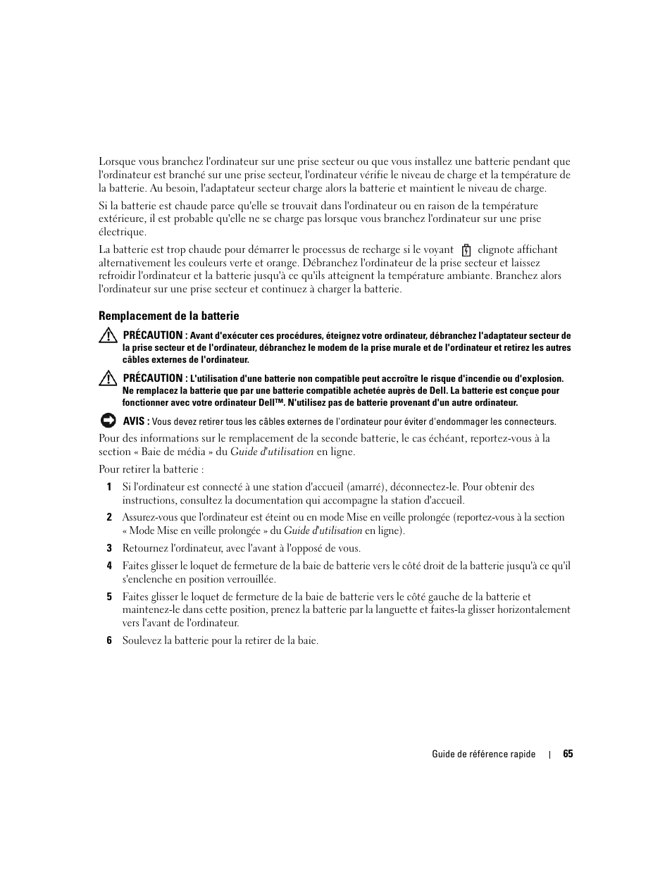 Remplacement de la batterie | Dell Latitude D620 ATG User Manual | Page 65 / 172