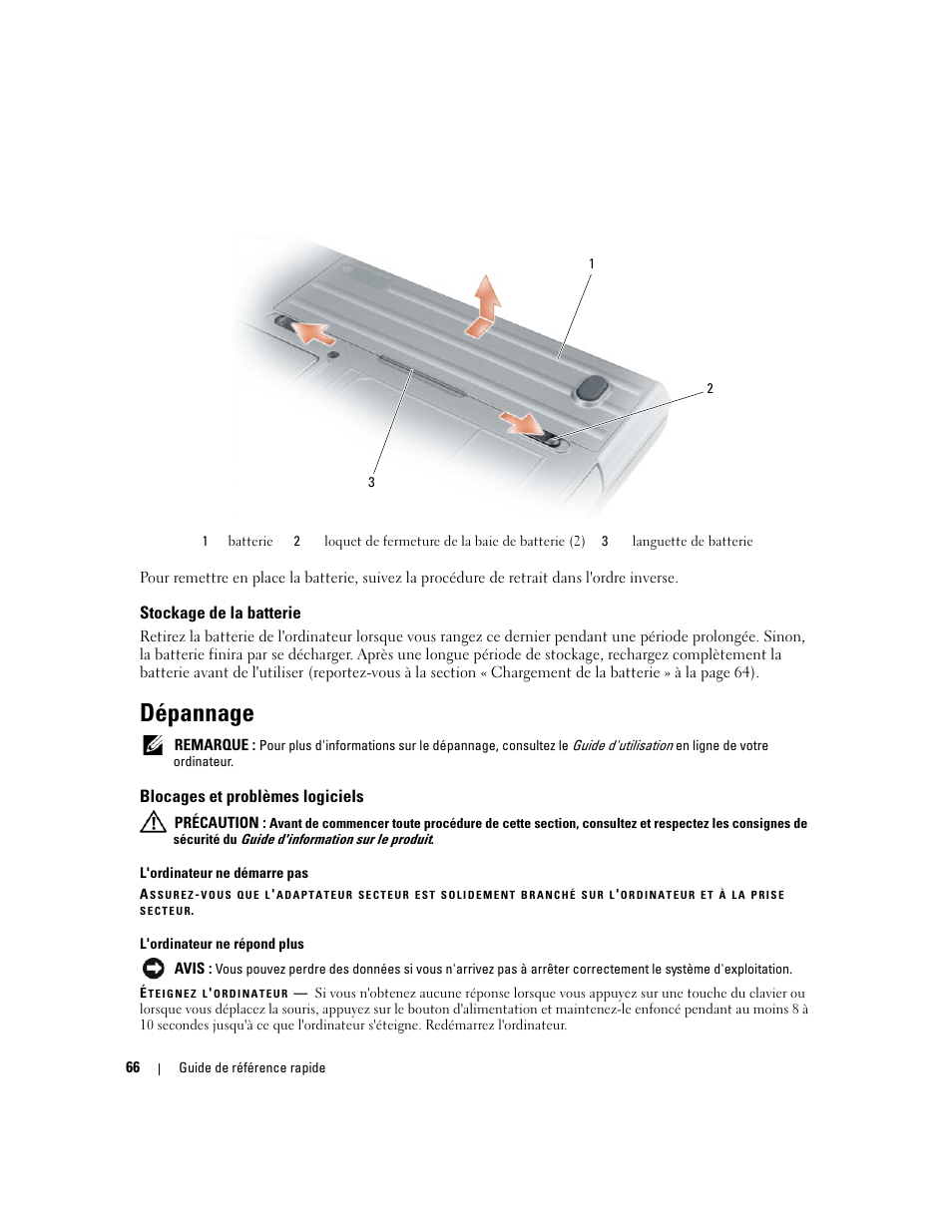 Stockage de la batterie, Dépannage, Blocages et problèmes logiciels | Dell Latitude D620 ATG User Manual | Page 66 / 172