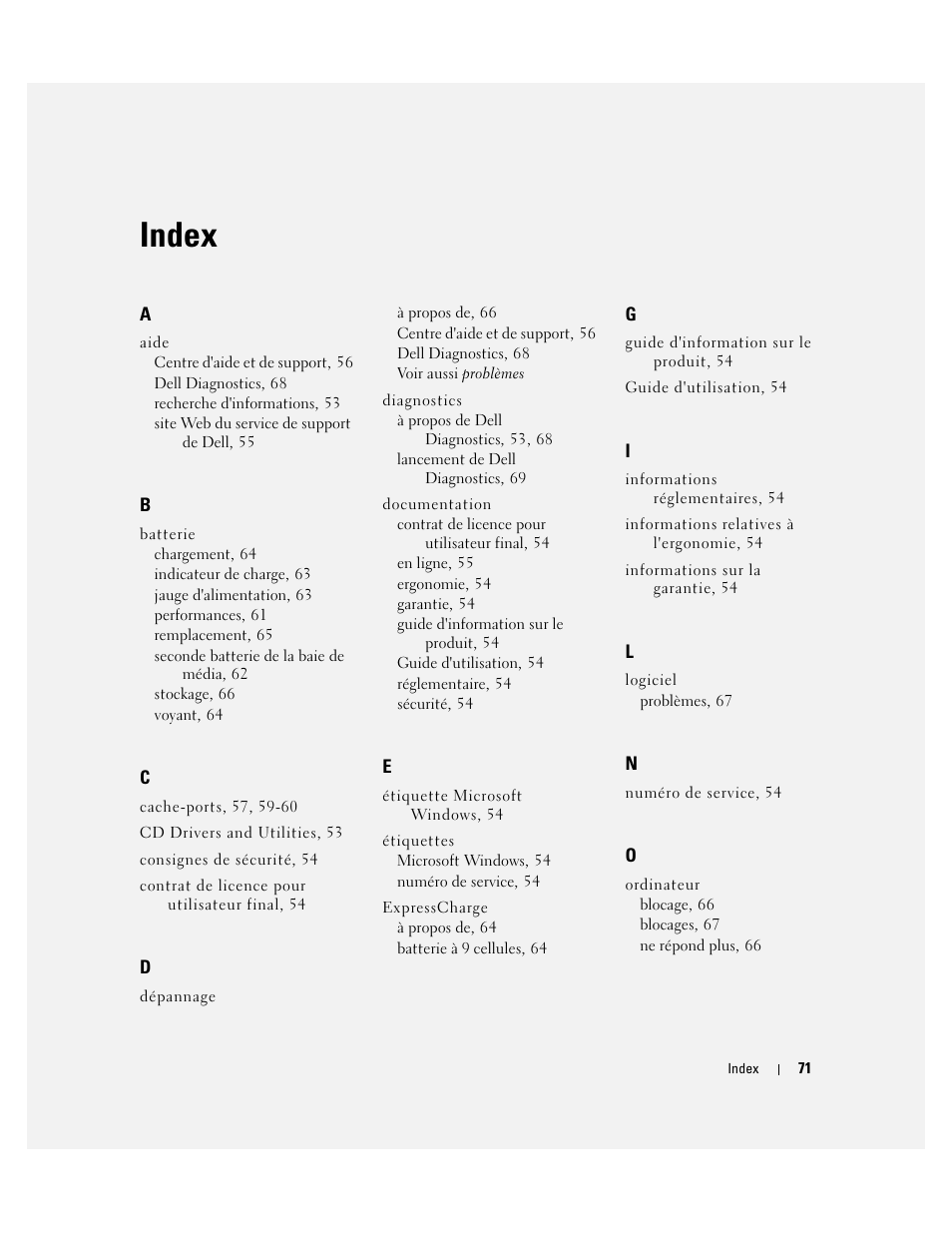 Index | Dell Latitude D620 ATG User Manual | Page 71 / 172