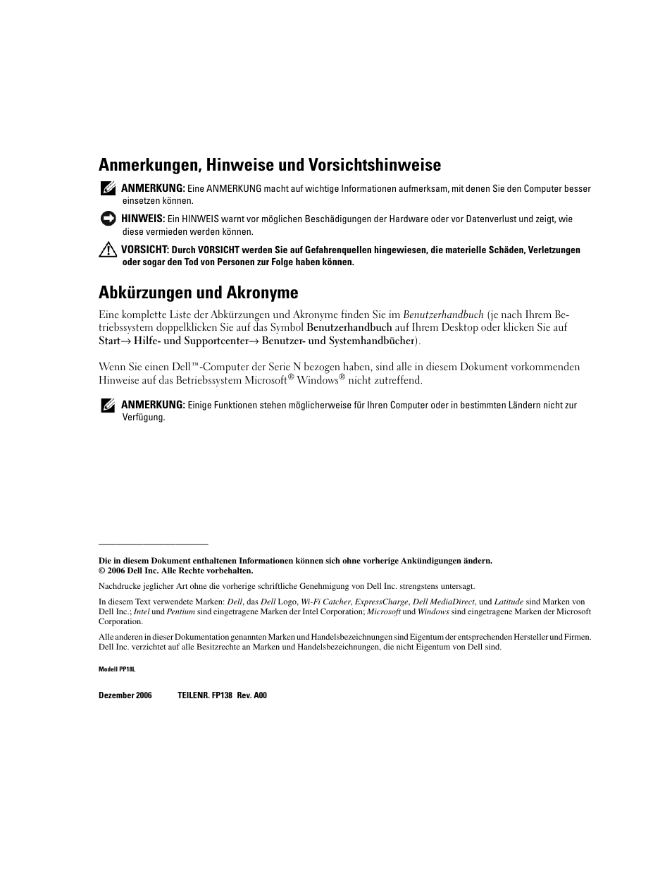 Anmerkungen, hinweise und vorsichtshinweise, Abkürzungen und akronyme | Dell Latitude D620 ATG User Manual | Page 74 / 172