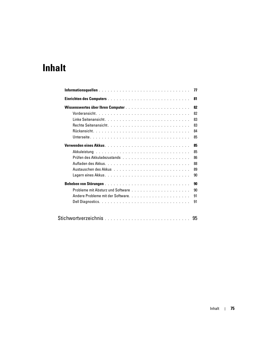 Inhalt, Stichwortverzeichnis | Dell Latitude D620 ATG User Manual | Page 75 / 172