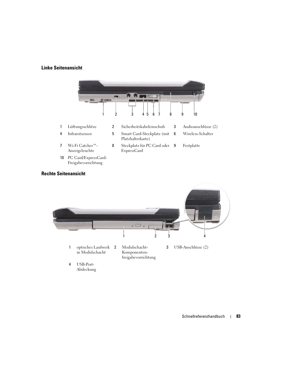 Linke seitenansicht, Rechte seitenansicht | Dell Latitude D620 ATG User Manual | Page 83 / 172