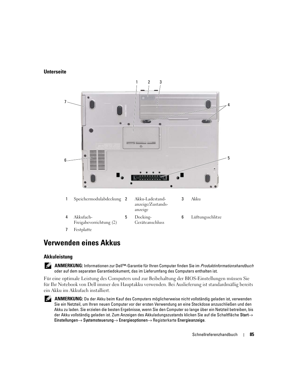 Unterseite, Verwenden eines akkus, Akkuleistung | Dell Latitude D620 ATG User Manual | Page 85 / 172