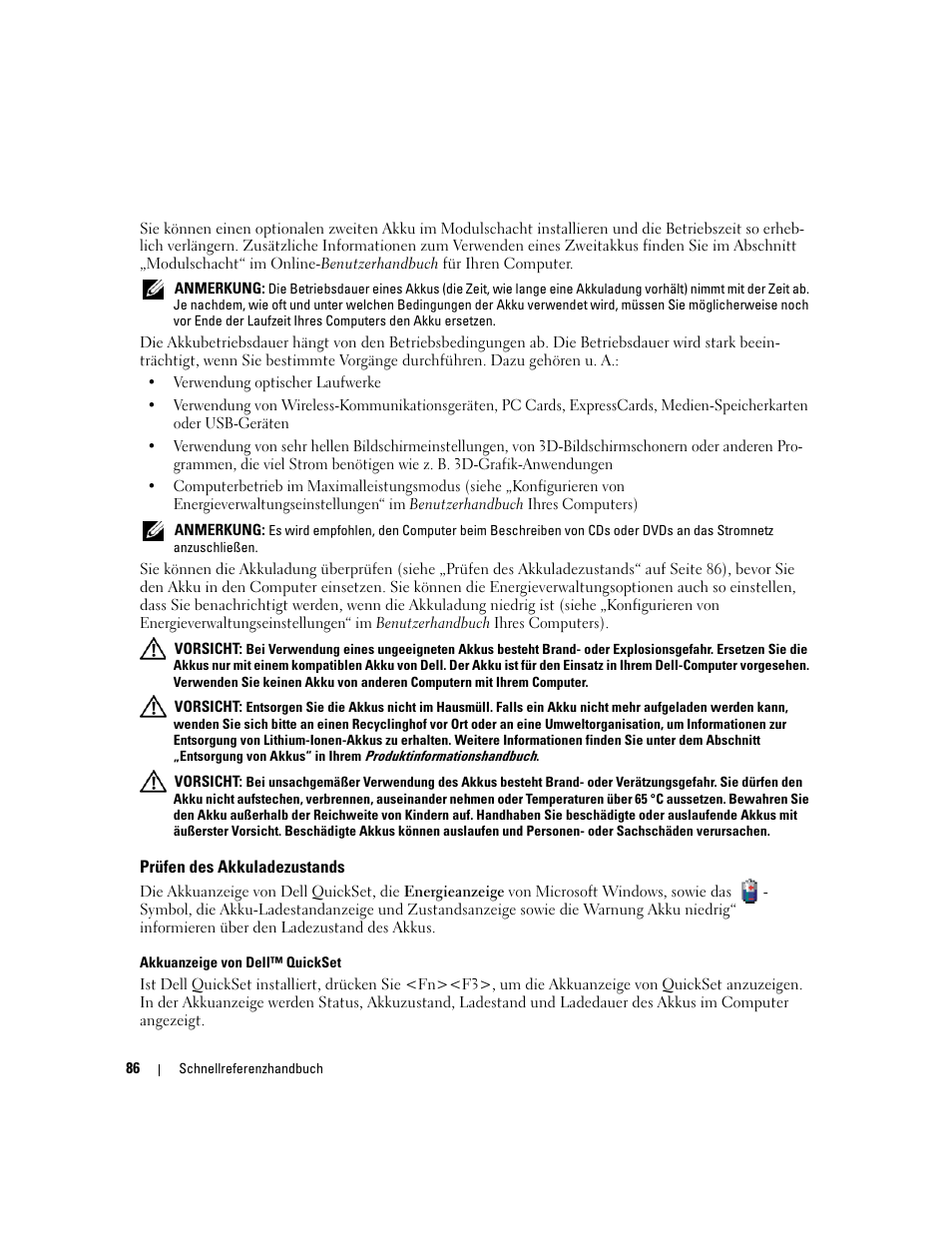 Prüfen des akkuladezustands | Dell Latitude D620 ATG User Manual | Page 86 / 172