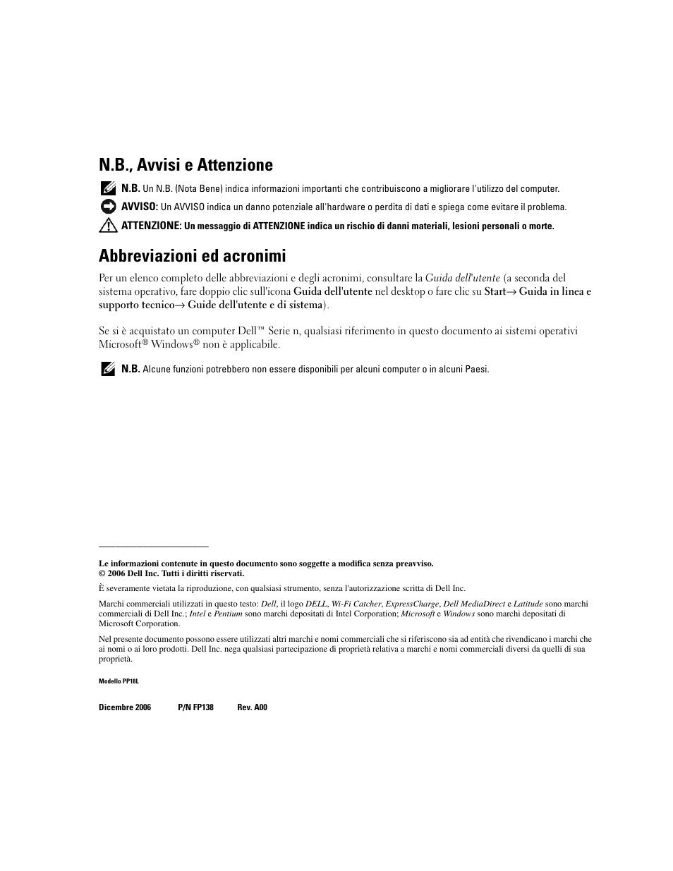 N.b., avvisi e attenzione, Abbreviazioni ed acronimi | Dell Latitude D620 ATG User Manual | Page 98 / 172