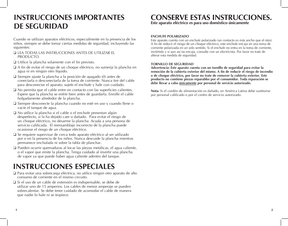 Instrucciones especiales | Black & Decker Avant Steam F985 User Manual | Page 2 / 11