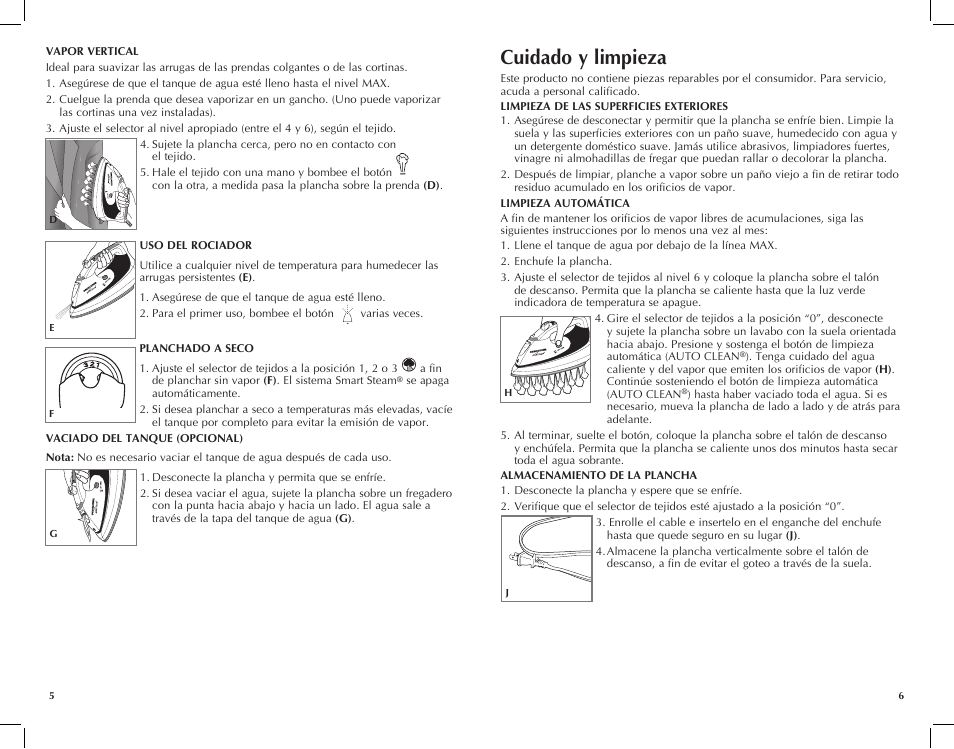 Cuidado y limpieza | Black & Decker Avant Steam F985 User Manual | Page 4 / 11