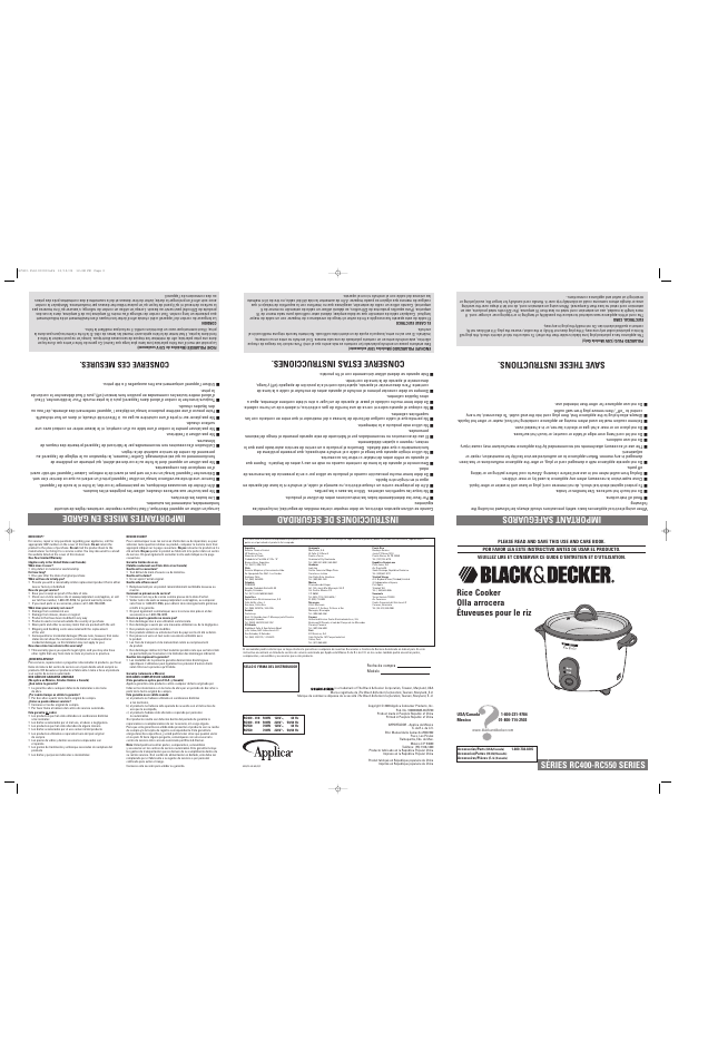 Rice cooker olla arrocera étuveuses pour le riz, Conserve ces mesures | Black & Decker RC400 User Manual | Page 2 / 2