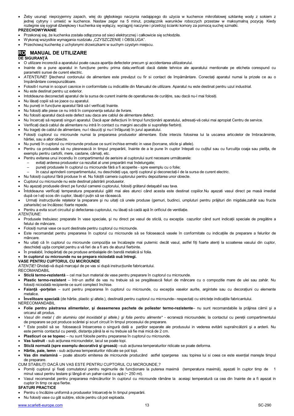 Ro manual de utilizare | Scarlett SC-290 User Manual | Page 13 / 31