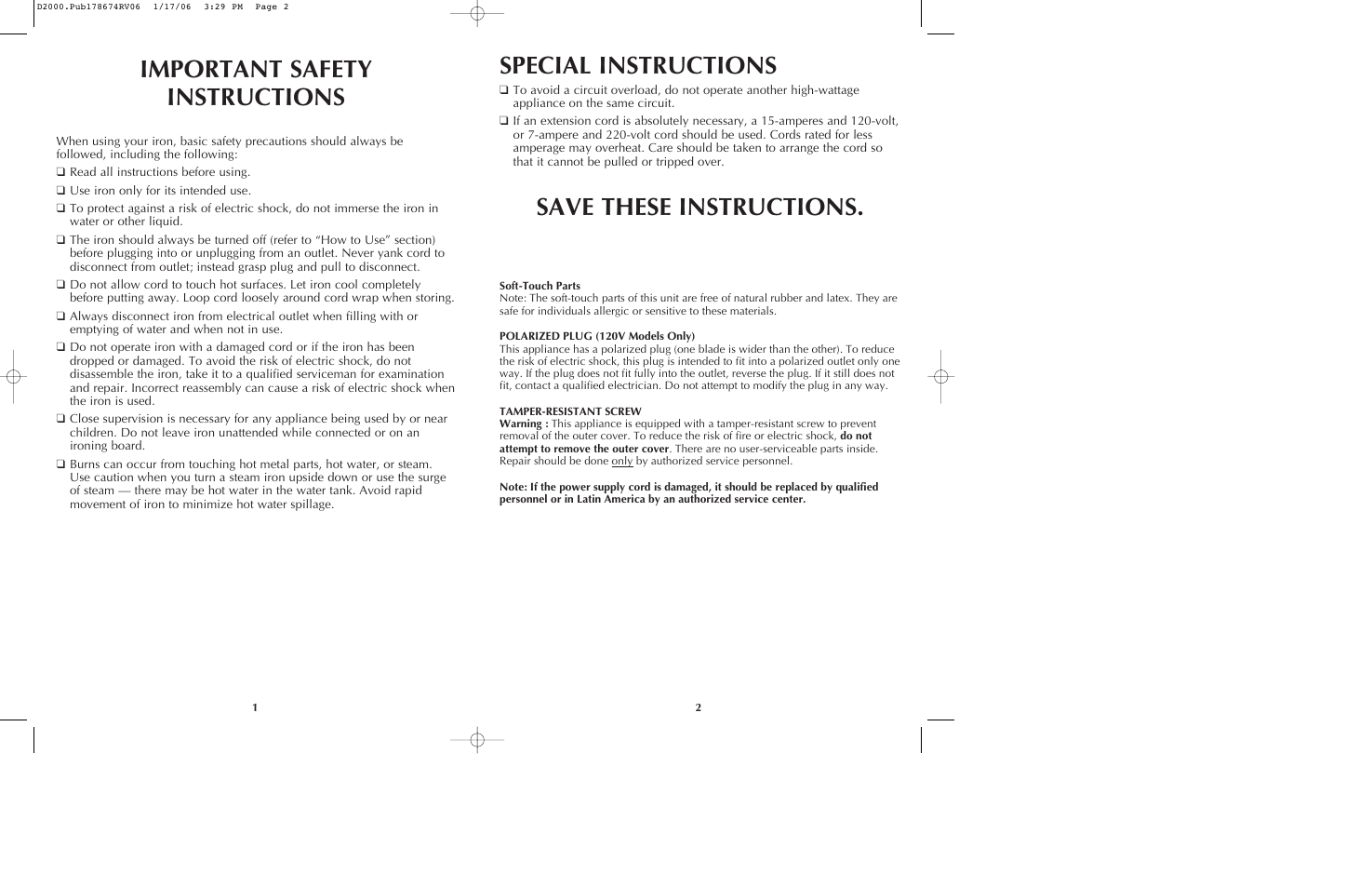 Important safety instructions, Save these instructions, Special instructions | Black & Decker D2020 User Manual | Page 2 / 13