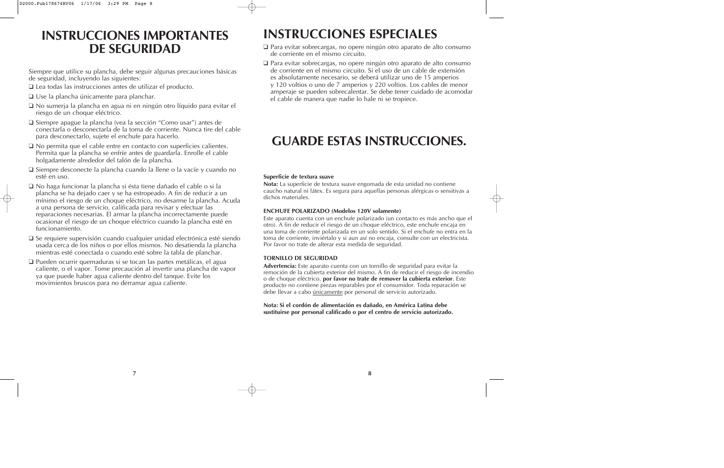 Instrucciones importantes de seguridad, Guarde estas instrucciones, Instrucciones especiales | Black & Decker D2020 User Manual | Page 5 / 13