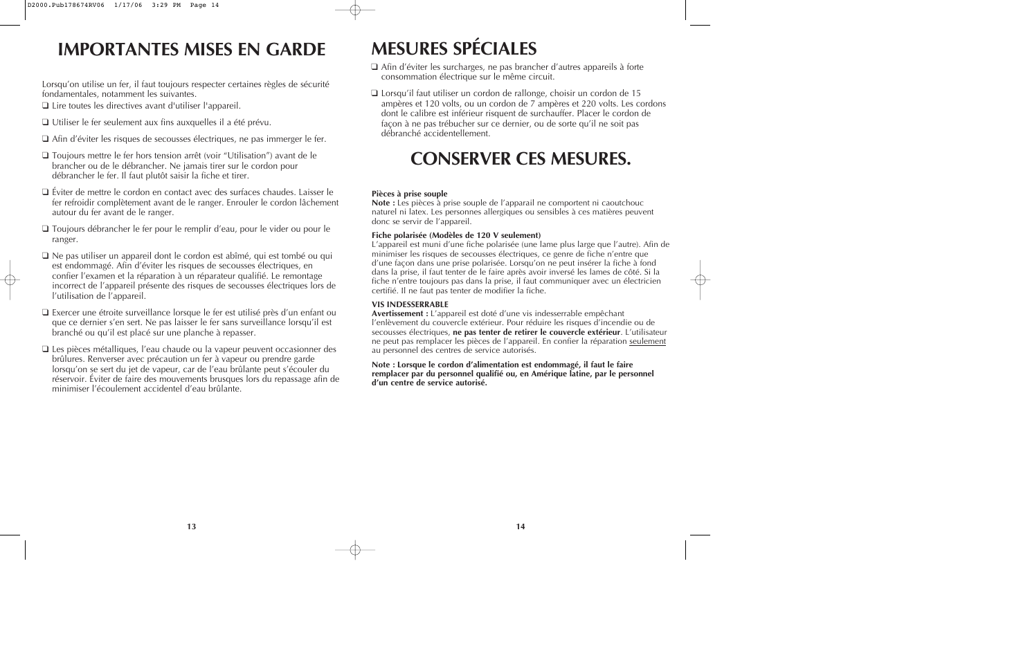 Importantes mises en garde, Mesures spéciales, Conserver ces mesures | Black & Decker D2020 User Manual | Page 8 / 13