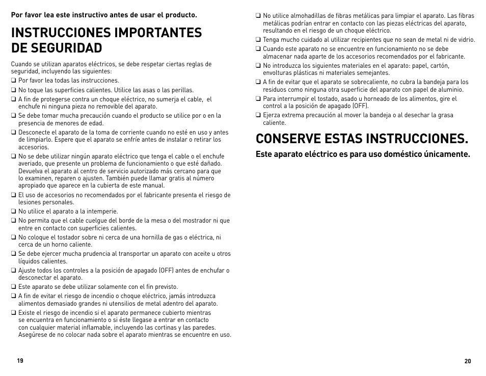 Conserve estas instrucciones, Instrucciones importantes de seguridad | Black & Decker Perfect Broil CTO4300BUC User Manual | Page 11 / 33