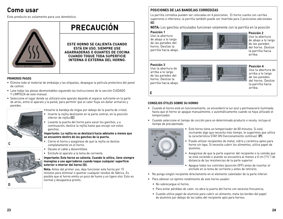 Precaución, Como usar | Black & Decker Perfect Broil CTO4300BUC User Manual | Page 13 / 33