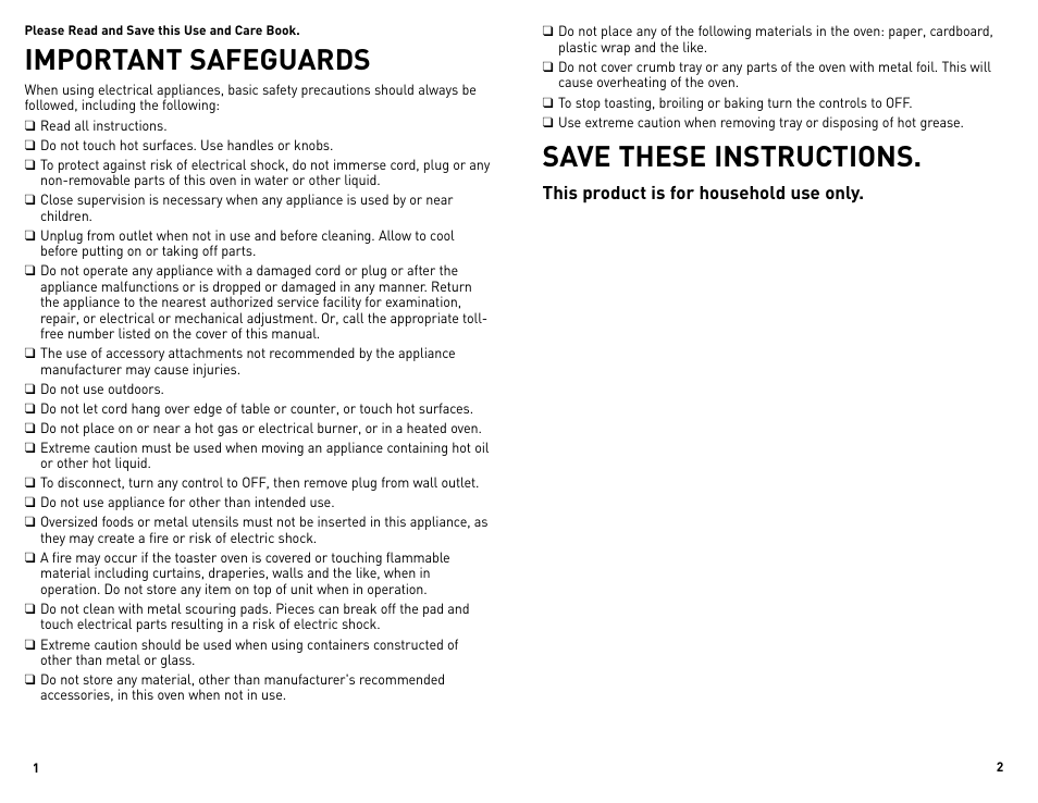 Important safeguards, Save these instructions | Black & Decker Perfect Broil CTO4300BUC User Manual | Page 2 / 33