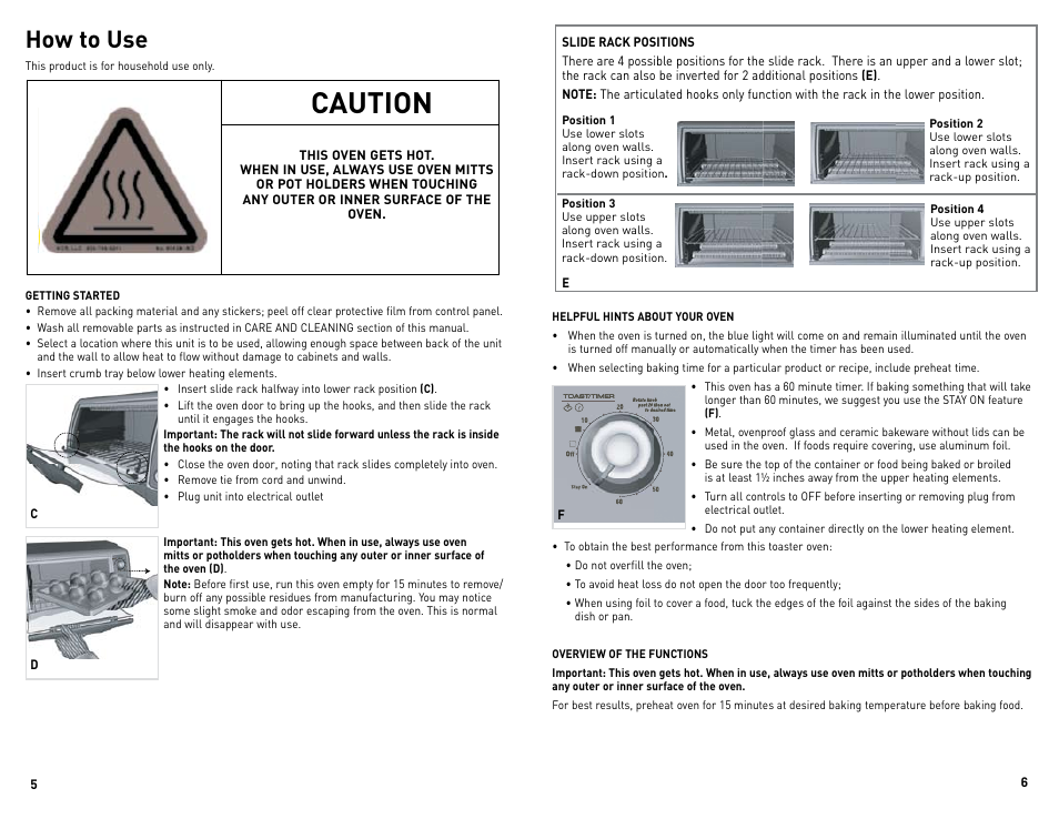 Caution, How to use | Black & Decker Perfect Broil CTO4300BUC User Manual | Page 4 / 33