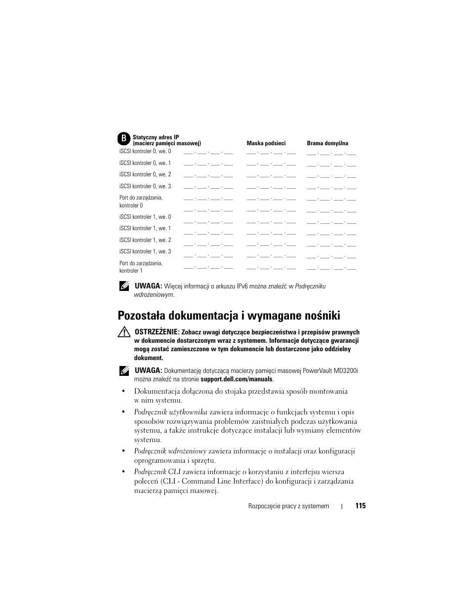 Pozostała dokumentacja i wymagane nośniki | Dell PowerVault MD3220i User Manual | Page 117 / 222