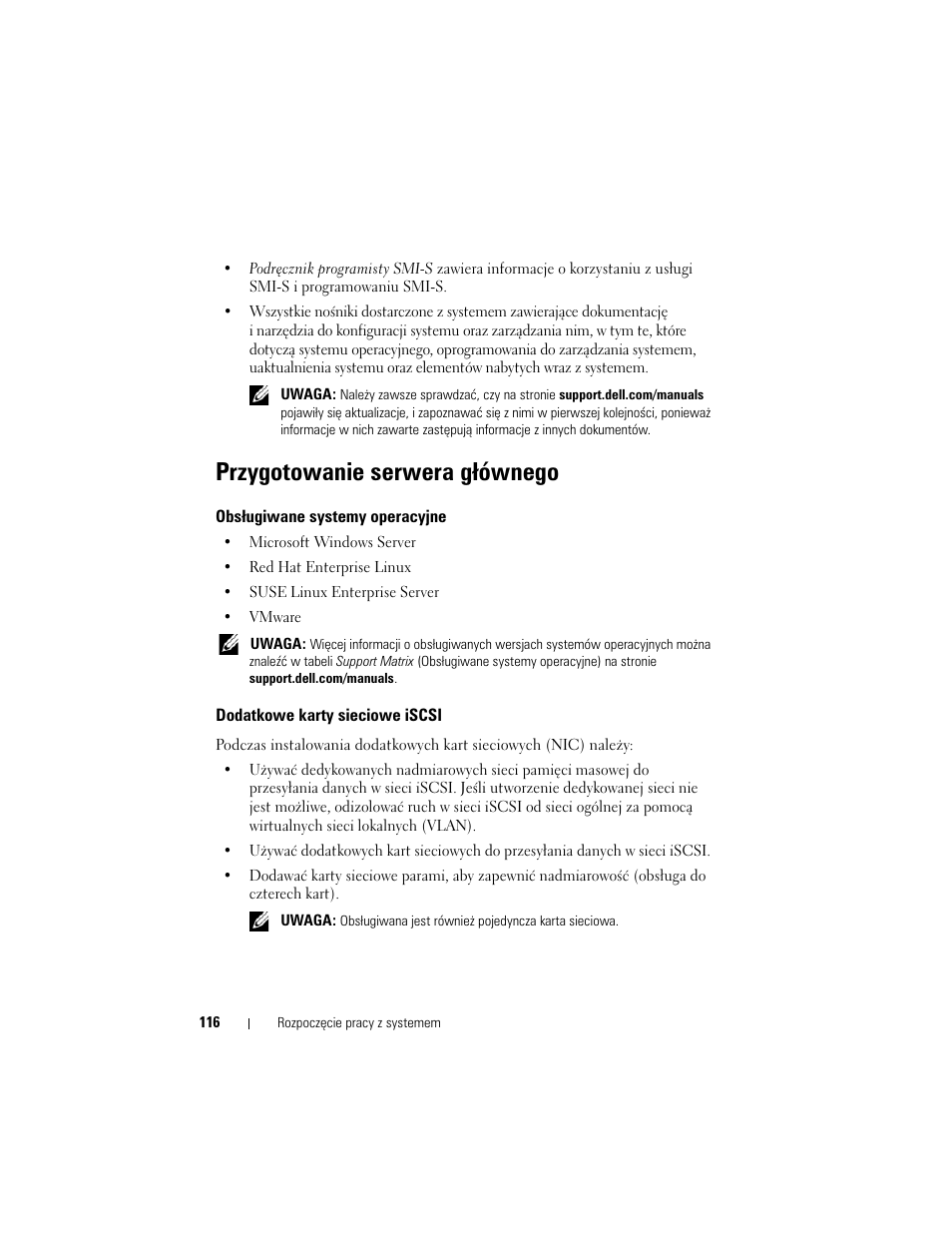 Przygotowanie serwera głównego, Obsługiwane systemy operacyjne, Dodatkowe karty sieciowe iscsi | Dell PowerVault MD3220i User Manual | Page 118 / 222