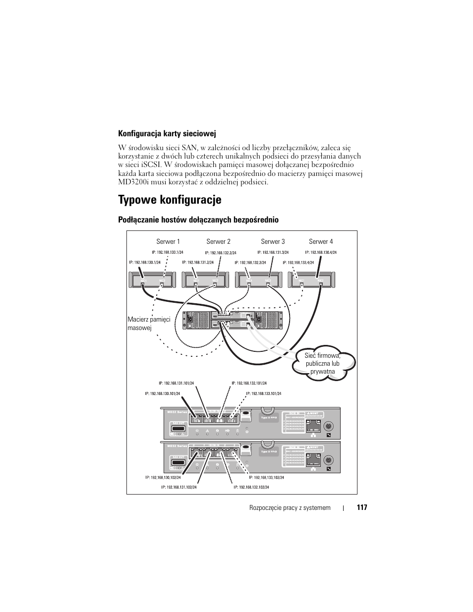 Konfiguracja karty sieciowej, Typowe konfiguracje, Podłączanie hostów dołączanych bezpośrednio | Dell PowerVault MD3220i User Manual | Page 119 / 222