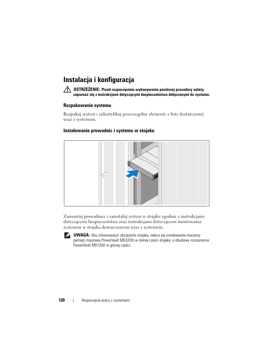 Instalacja i konfiguracja, Rozpakowanie systemu, Instalowanie prowadnic i systemu w stojaku | Dell PowerVault MD3220i User Manual | Page 122 / 222