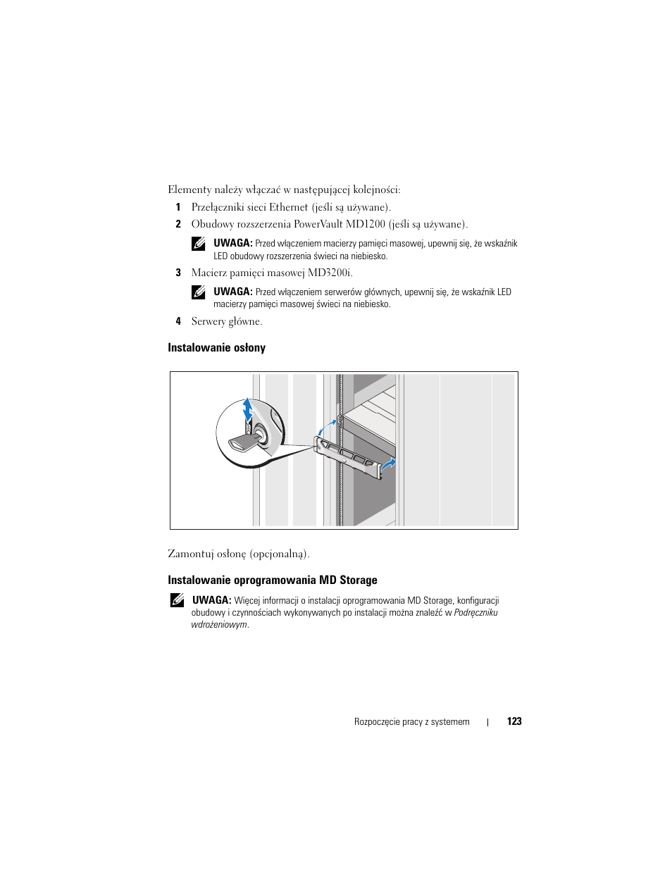 Instalowanie osłony, Instalowanie oprogramowania md storage | Dell PowerVault MD3220i User Manual | Page 125 / 222