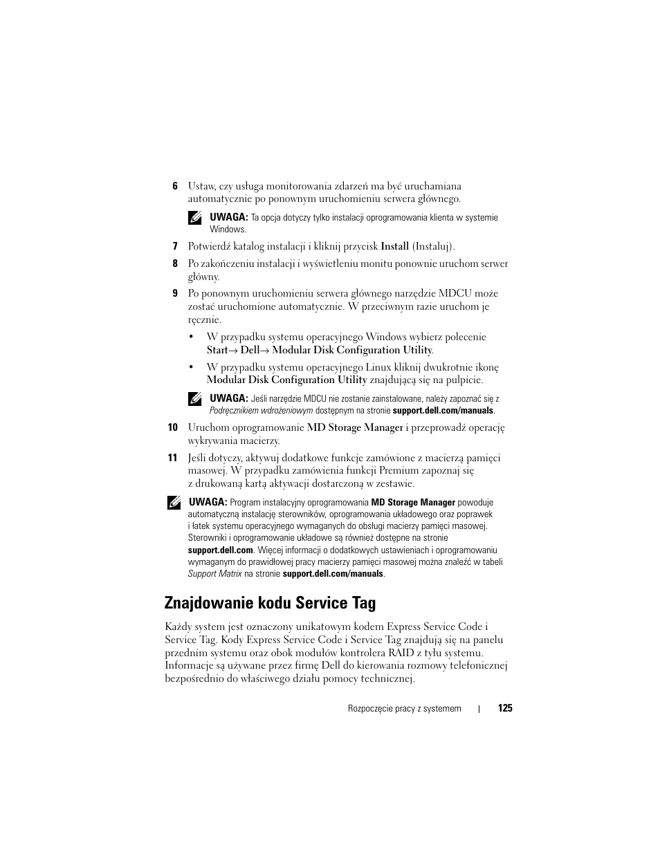 Znajdowanie kodu service tag | Dell PowerVault MD3220i User Manual | Page 127 / 222