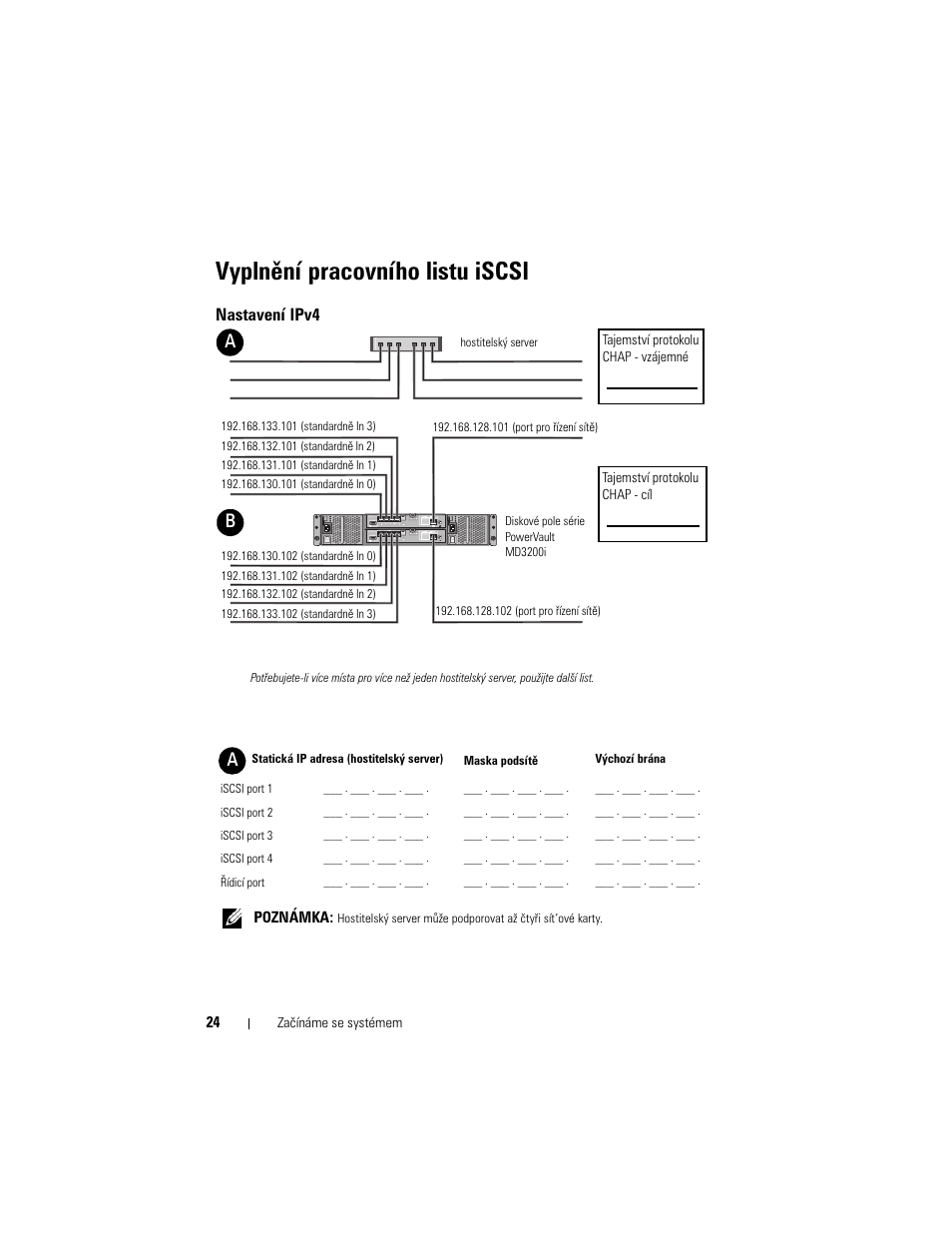 Vyplnění pracovního listu iscsi, Nastavení ipv4 | Dell PowerVault MD3220i User Manual | Page 26 / 222