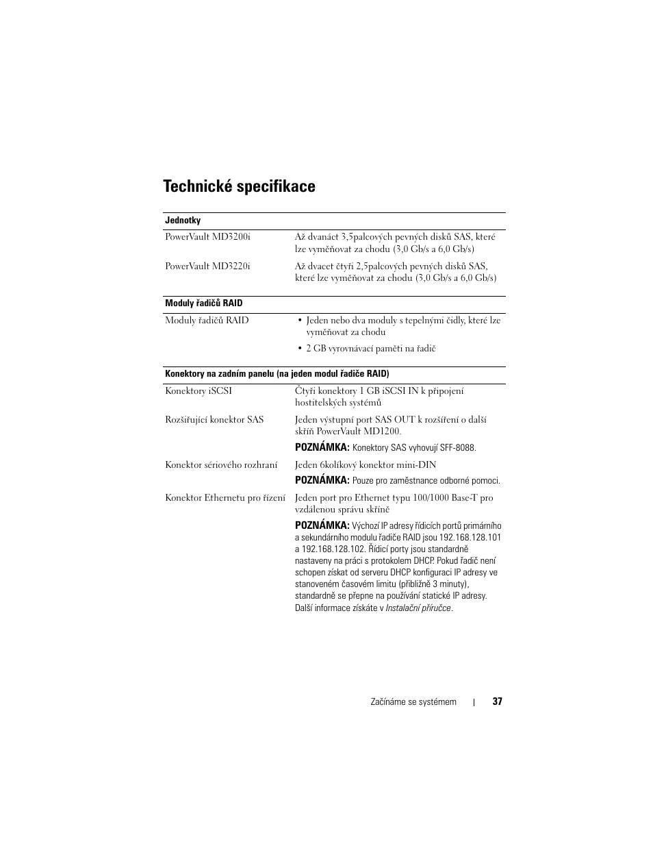 Technické specifikace | Dell PowerVault MD3220i User Manual | Page 39 / 222