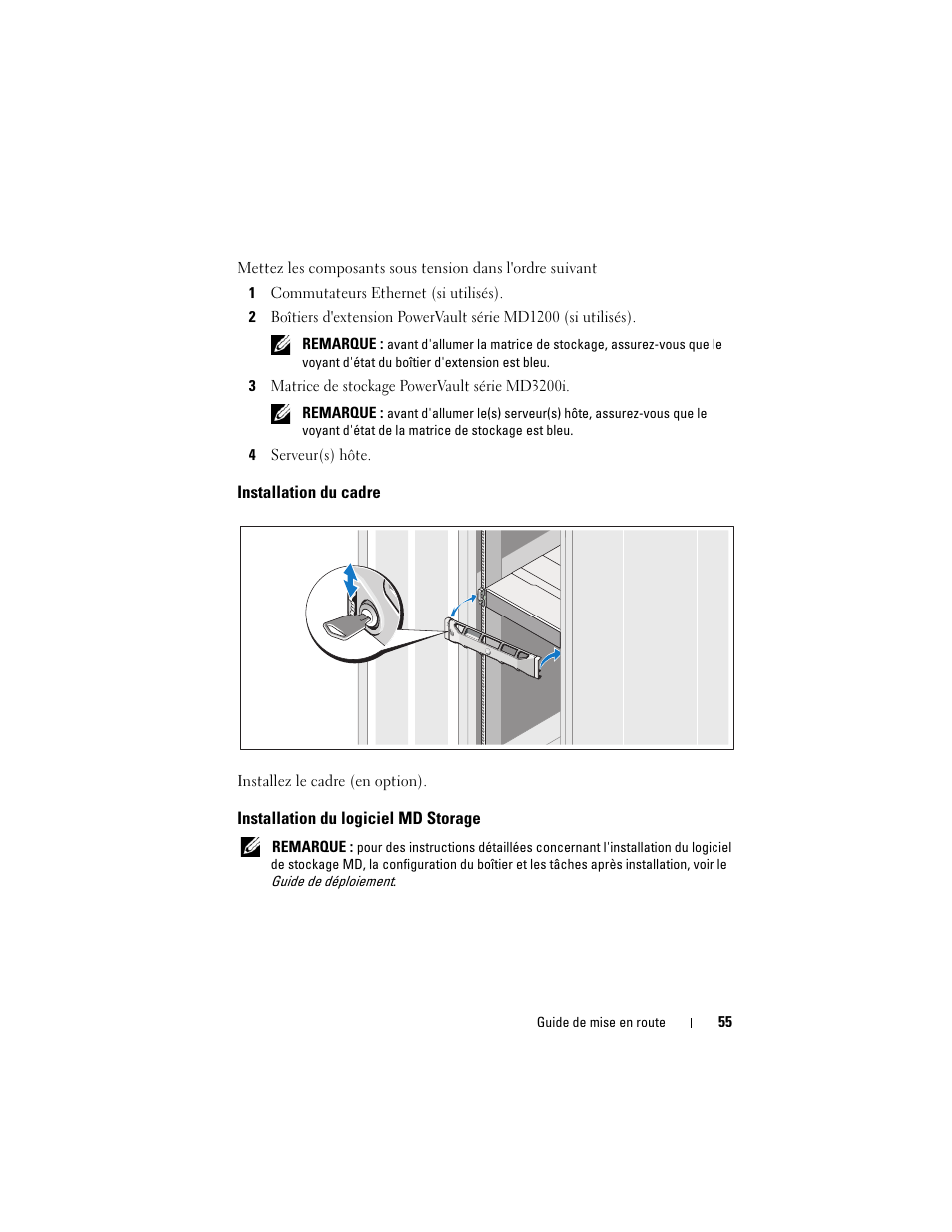 Installation du cadre, Installation du logiciel md storage | Dell PowerVault MD3220i User Manual | Page 57 / 222