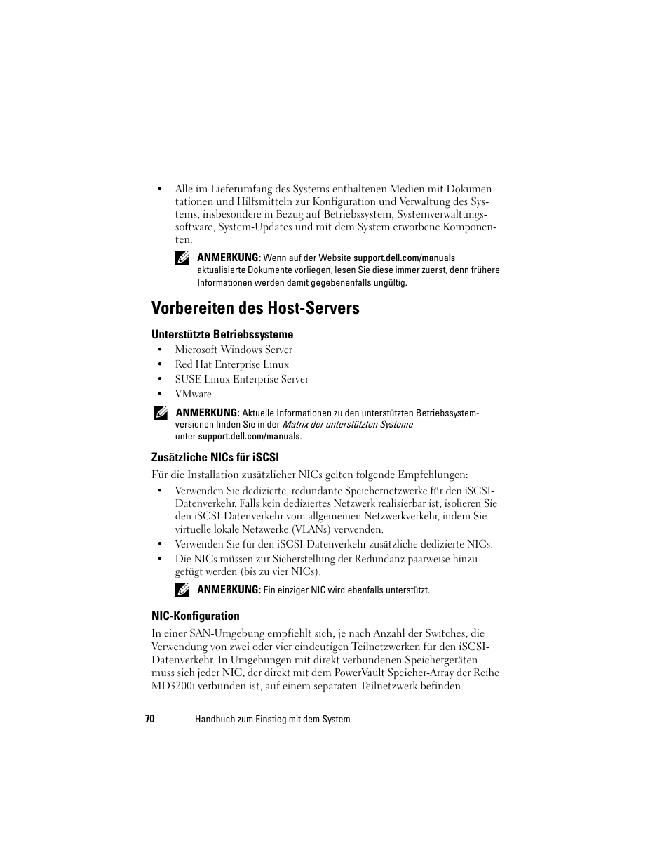 Vorbereiten des host-servers, Unterstützte betriebssysteme, Zusätzliche nics für iscsi | Nic-konfiguration | Dell PowerVault MD3220i User Manual | Page 72 / 222