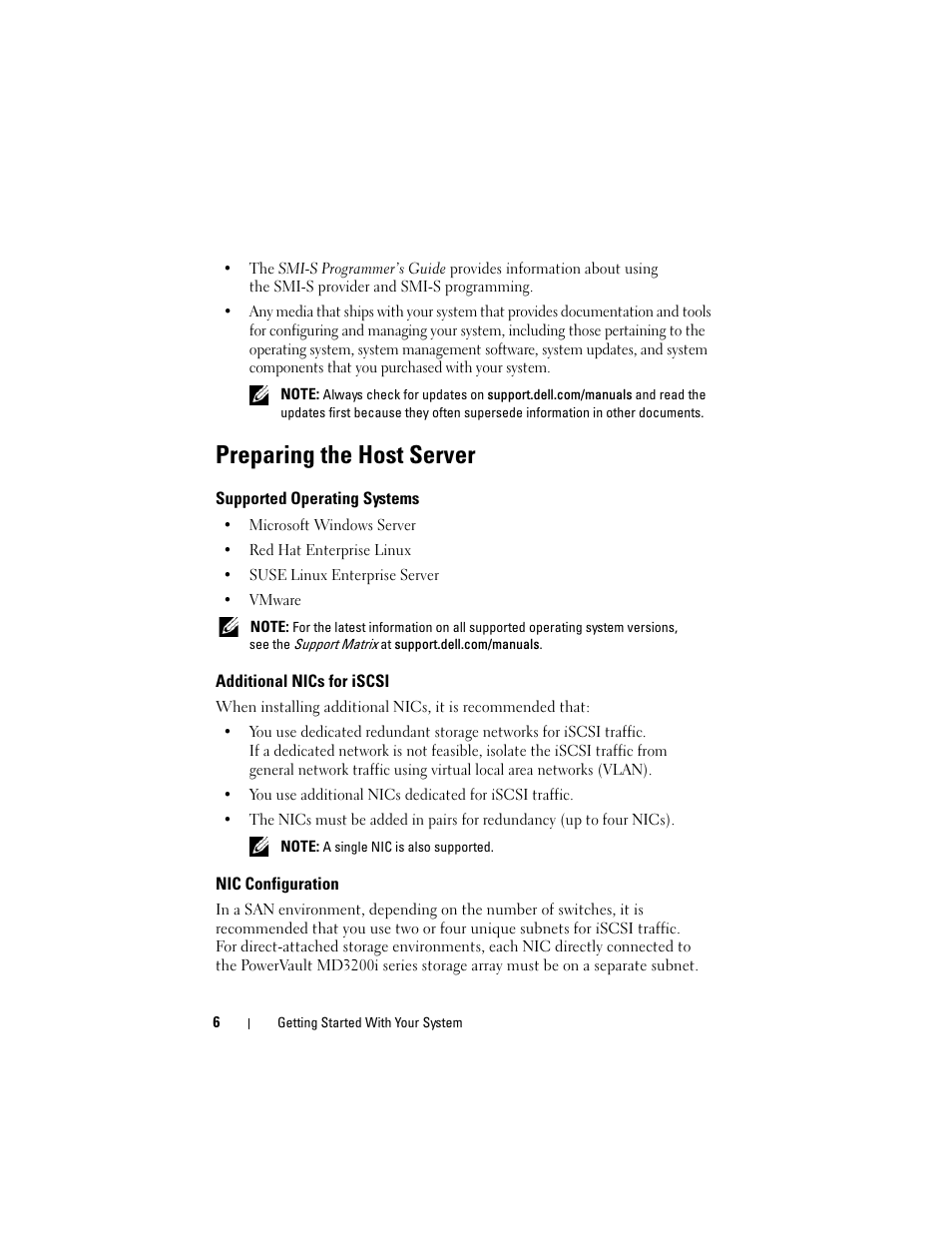 Preparing the host server, Supported operating systems, Additional nics for iscsi | Nic configuration | Dell PowerVault MD3220i User Manual | Page 8 / 222