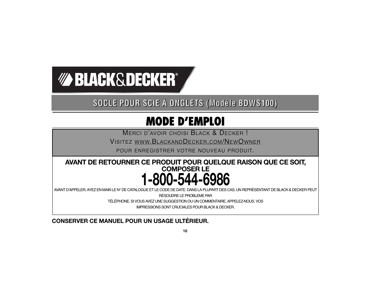 Mode d’emploi | Black & Decker BDWS100 User Manual | Page 10 / 24