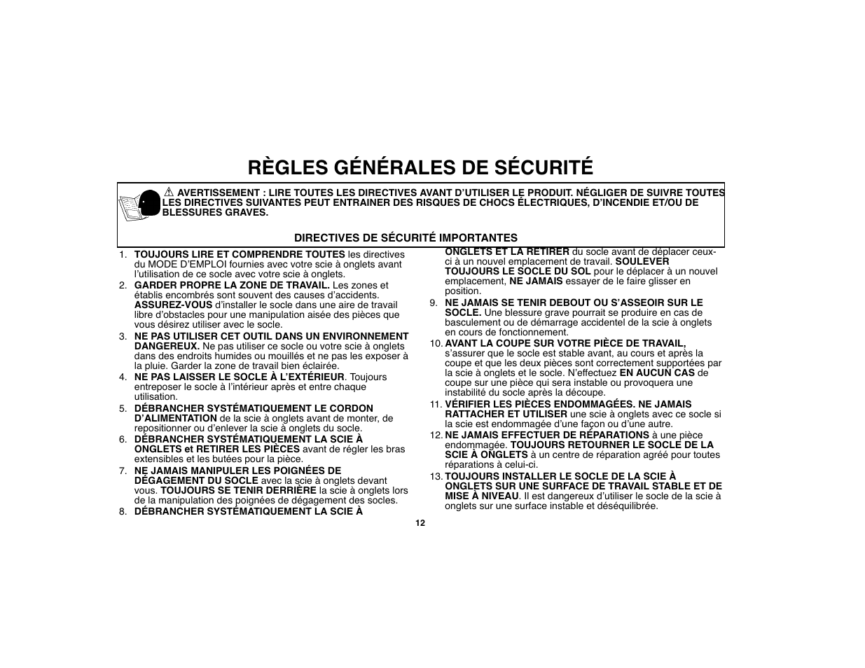 Règles générales de sécurité | Black & Decker BDWS100 User Manual | Page 12 / 24