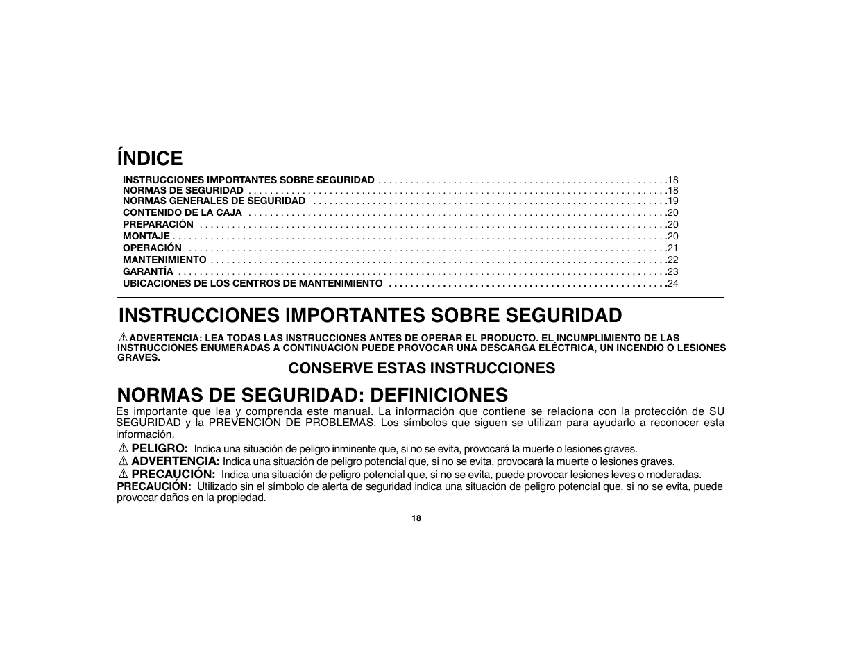 Normas de seguridad: definiciones, Índice, Instrucciones importantes sobre seguridad | Black & Decker BDWS100 User Manual | Page 18 / 24