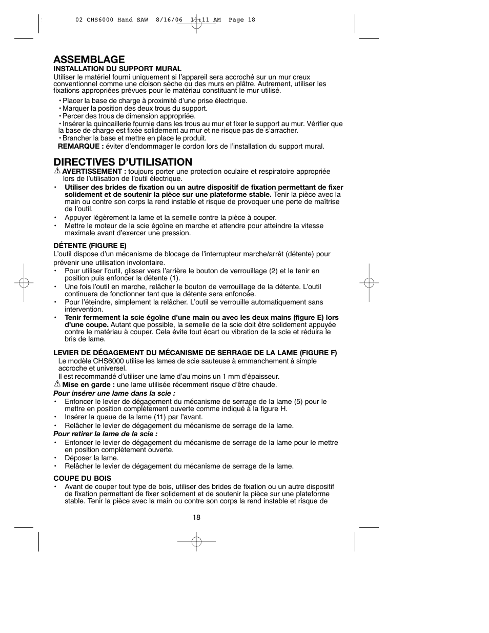 Assemblage, Directives d’utilisation | Black & Decker CHS6000 User Manual | Page 18 / 34