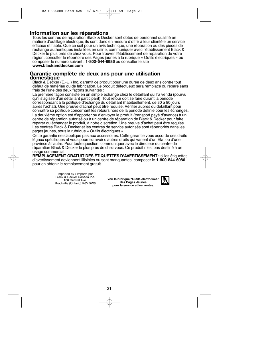 Information sur les réparations | Black & Decker CHS6000 User Manual | Page 21 / 34