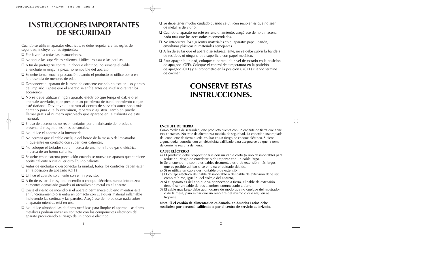 Instrucciones importantes de seguridad, Conserve estas instrucciones | Black & Decker CTO500 User Manual | Page 2 / 9