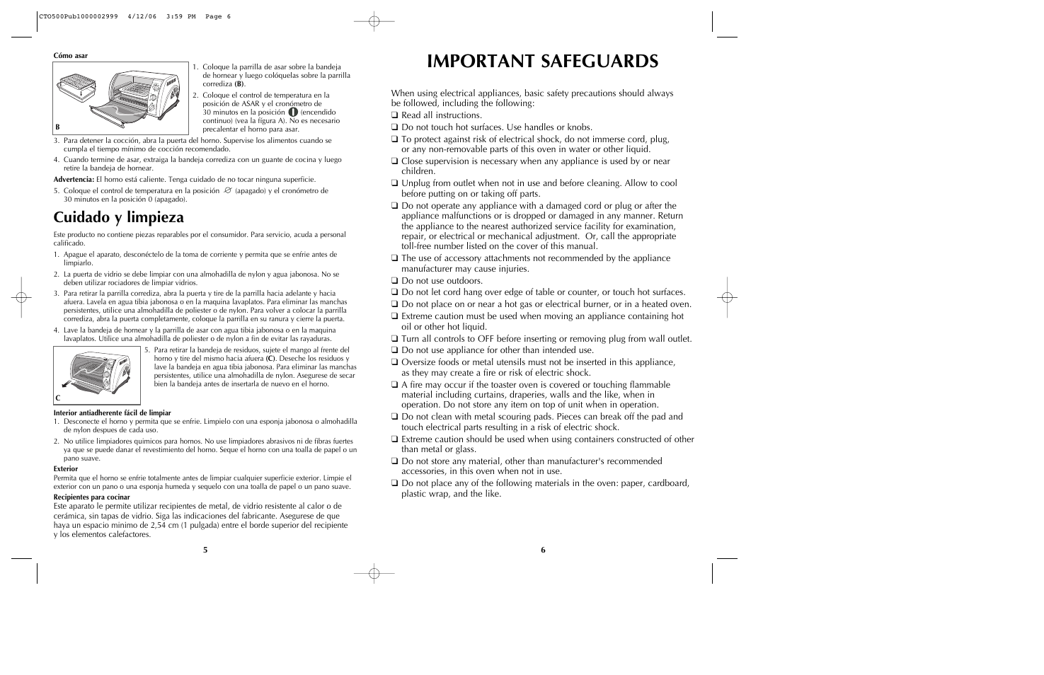 Important safeguards, Cuidado y limpieza | Black & Decker CTO500 User Manual | Page 4 / 9
