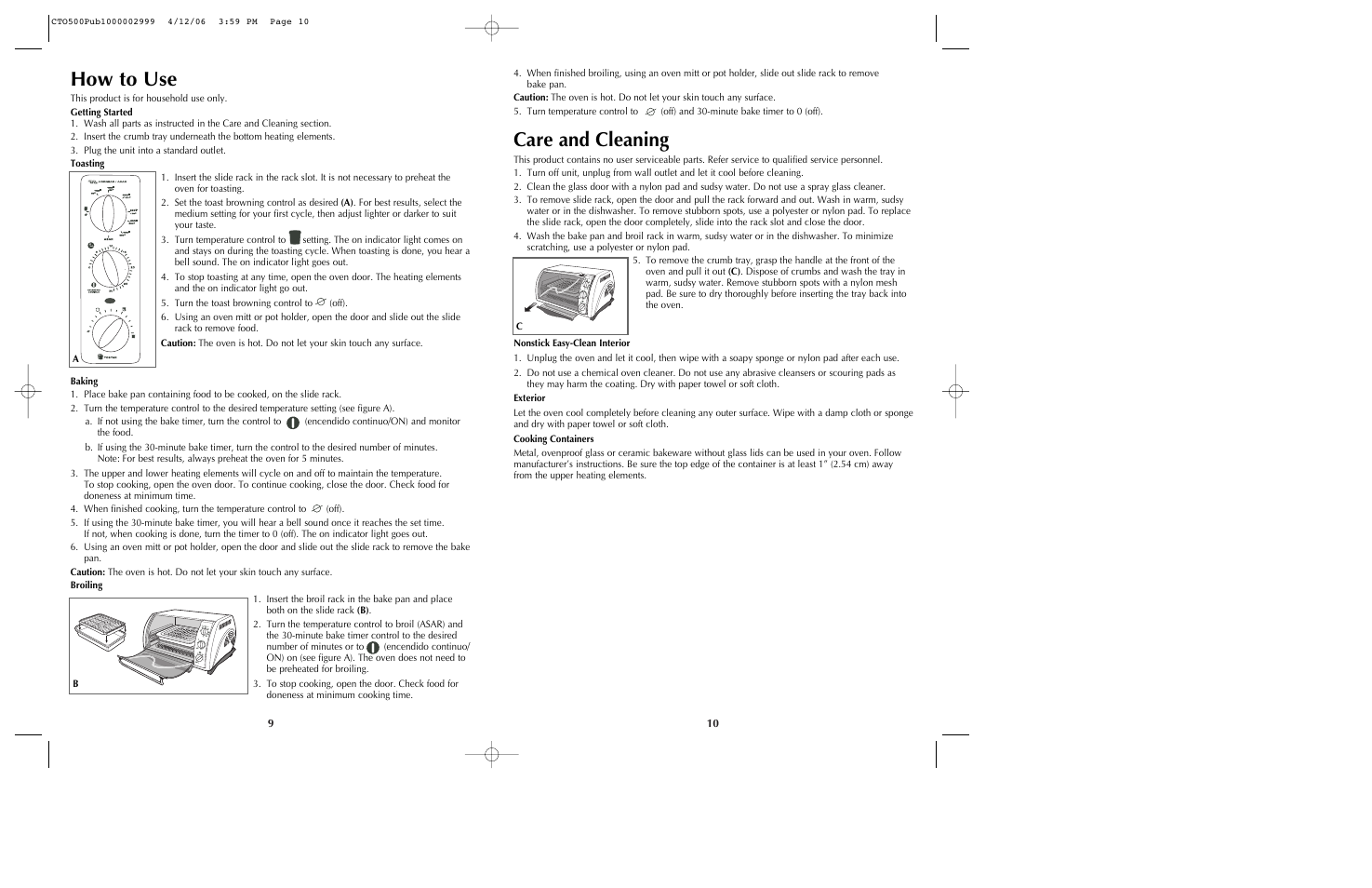 How to use, Care and cleaning | Black & Decker CTO500 User Manual | Page 6 / 9