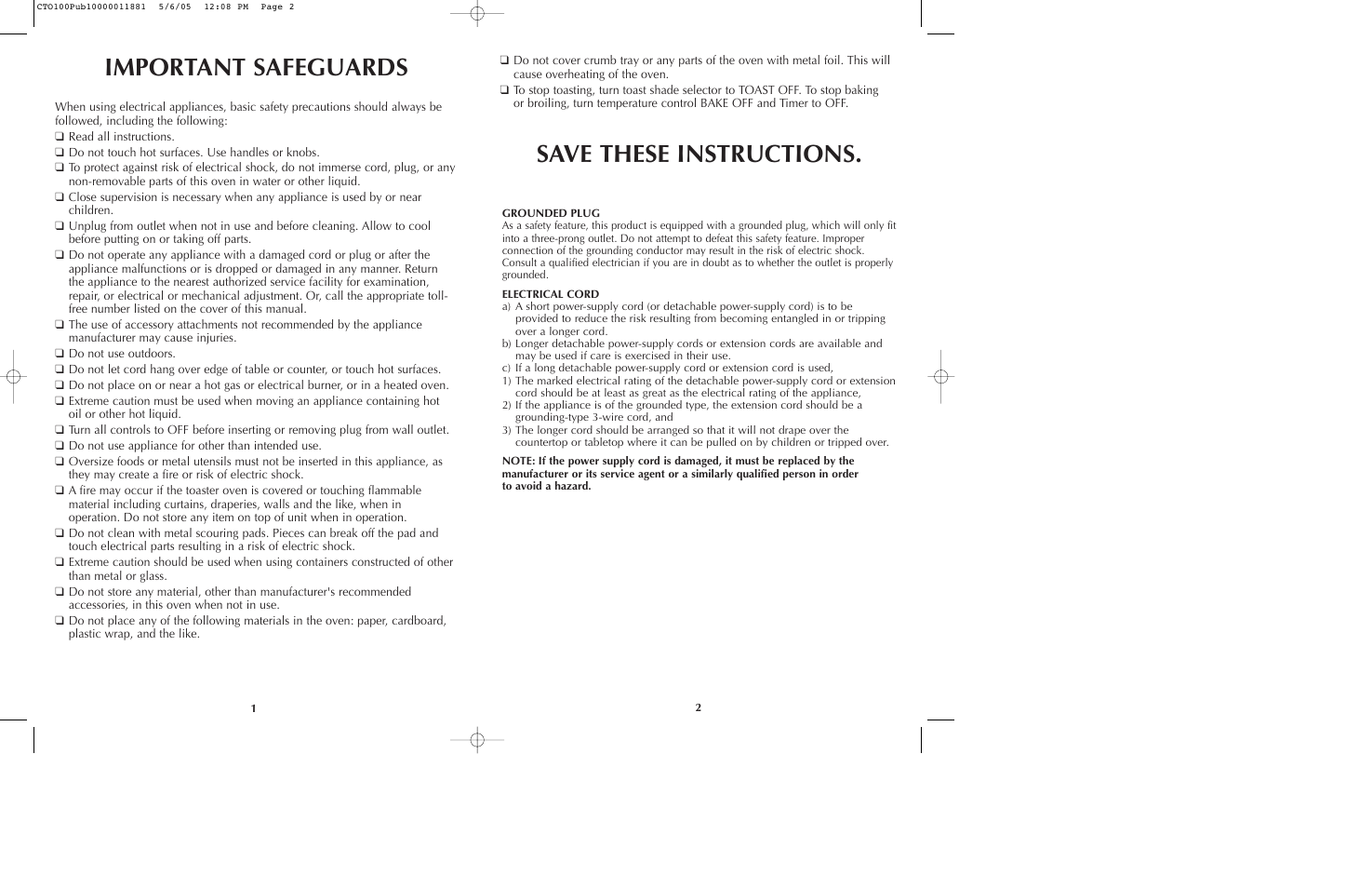 Important safeguards save these instructions | Black & Decker CTO100 Series User Manual | Page 2 / 13