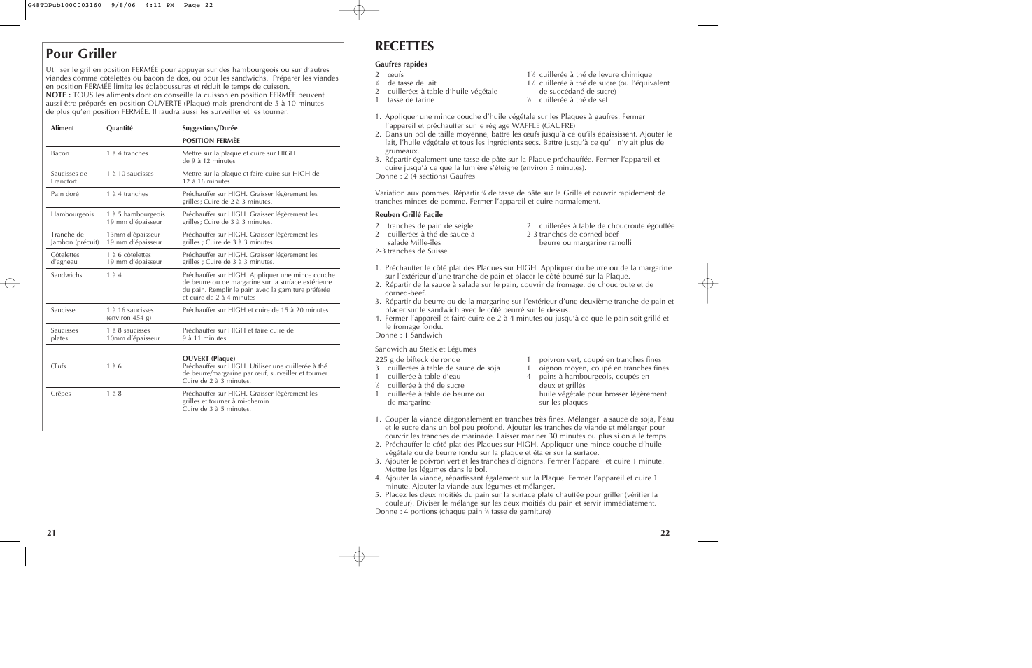 Recettes, Pour griller | Black & Decker G48TD User Manual | Page 12 / 15