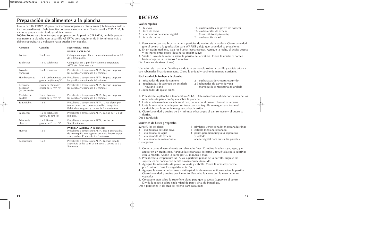 Recetas, Preparación de alimentos a la plancha | Black & Decker G48TD User Manual | Page 8 / 15