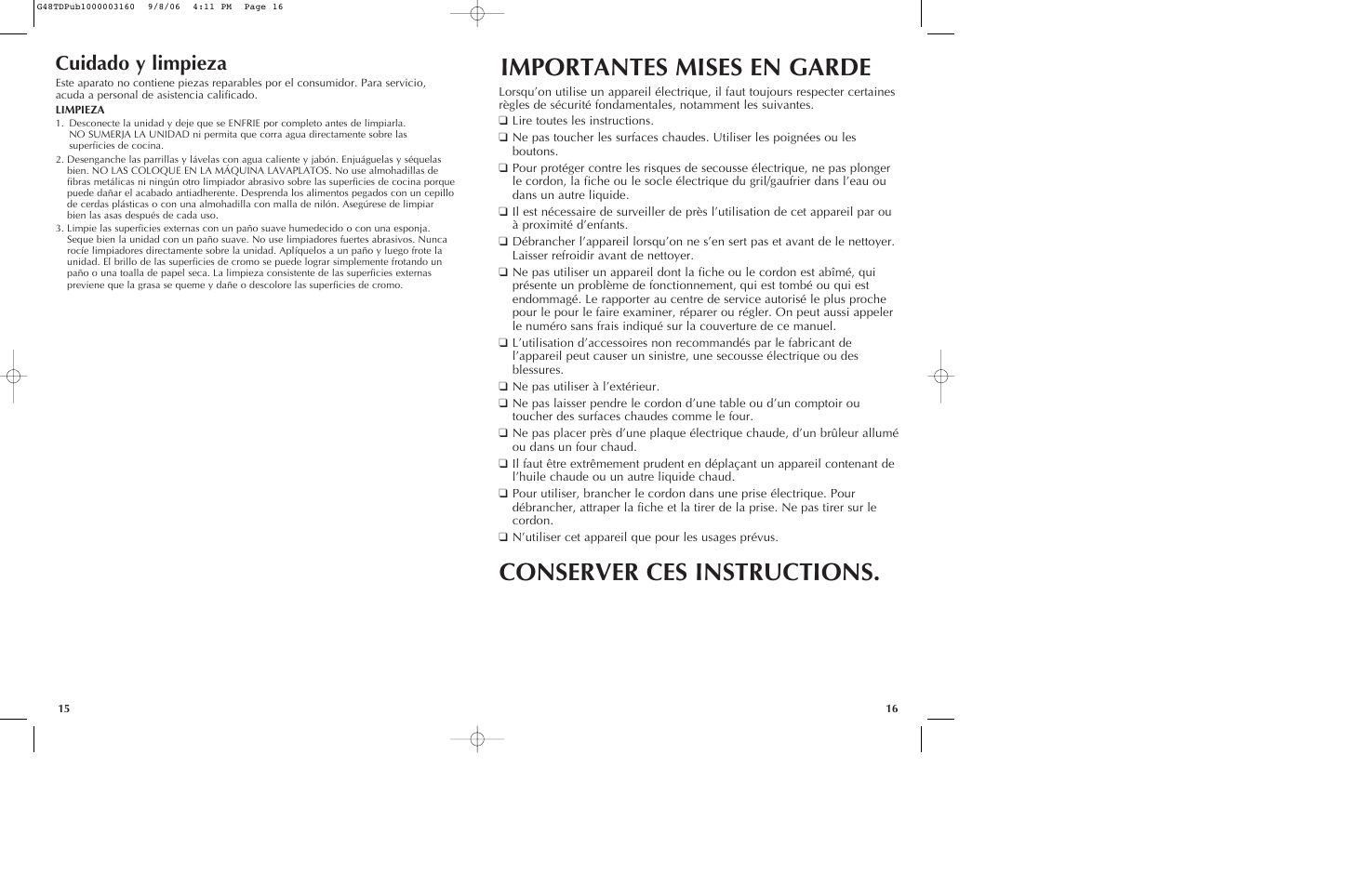 Importantes mises en garde, Conserver ces instructions, Cuidado y limpieza | Black & Decker G48TD User Manual | Page 9 / 15